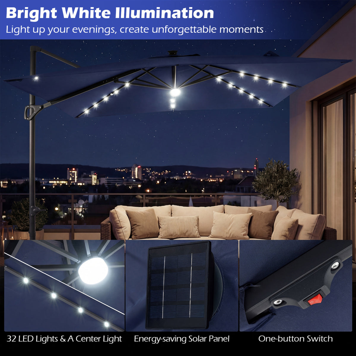 10 FT Cantilever Patio Umbrella with 32 Solar LED Lights and 220 LBS Base-Dark Blue