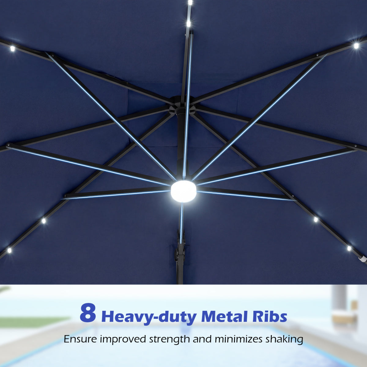10 FT Cantilever Patio Umbrella with 32 Solar LED Lights and 220 LBS Base-Dark Blue