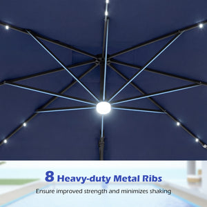 10 FT Cantilever Patio Umbrella with 32 Solar LED Lights and 220 LBS Base-Dark Blue