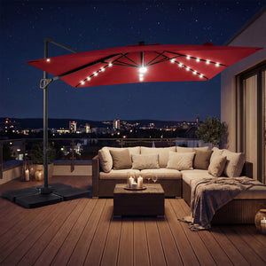 10 FT Cantilever Patio Umbrella with 32 Solar LED Lights and 220 LBS Base-Red