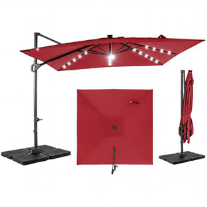 10 FT Cantilever Patio Umbrella with 32 Solar LED Lights and 220 LBS Base-Red