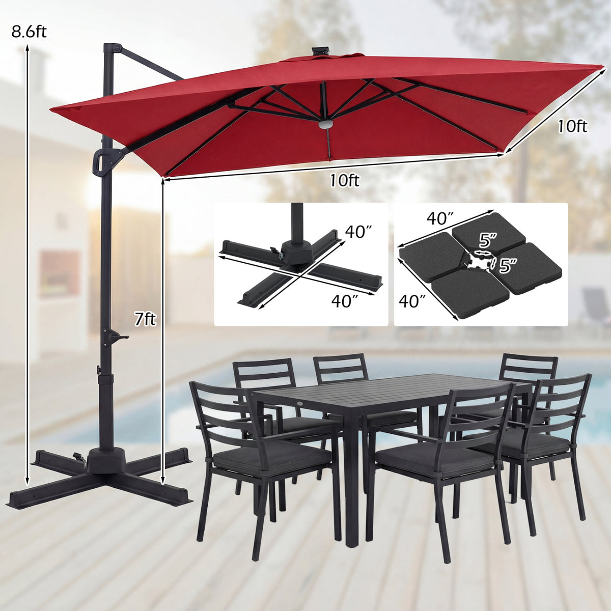 10 FT Cantilever Patio Umbrella with 32 Solar LED Lights and 220 LBS Base-Red