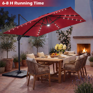 10 FT Cantilever Patio Umbrella with 32 Solar LED Lights and 220 LBS Base-Red