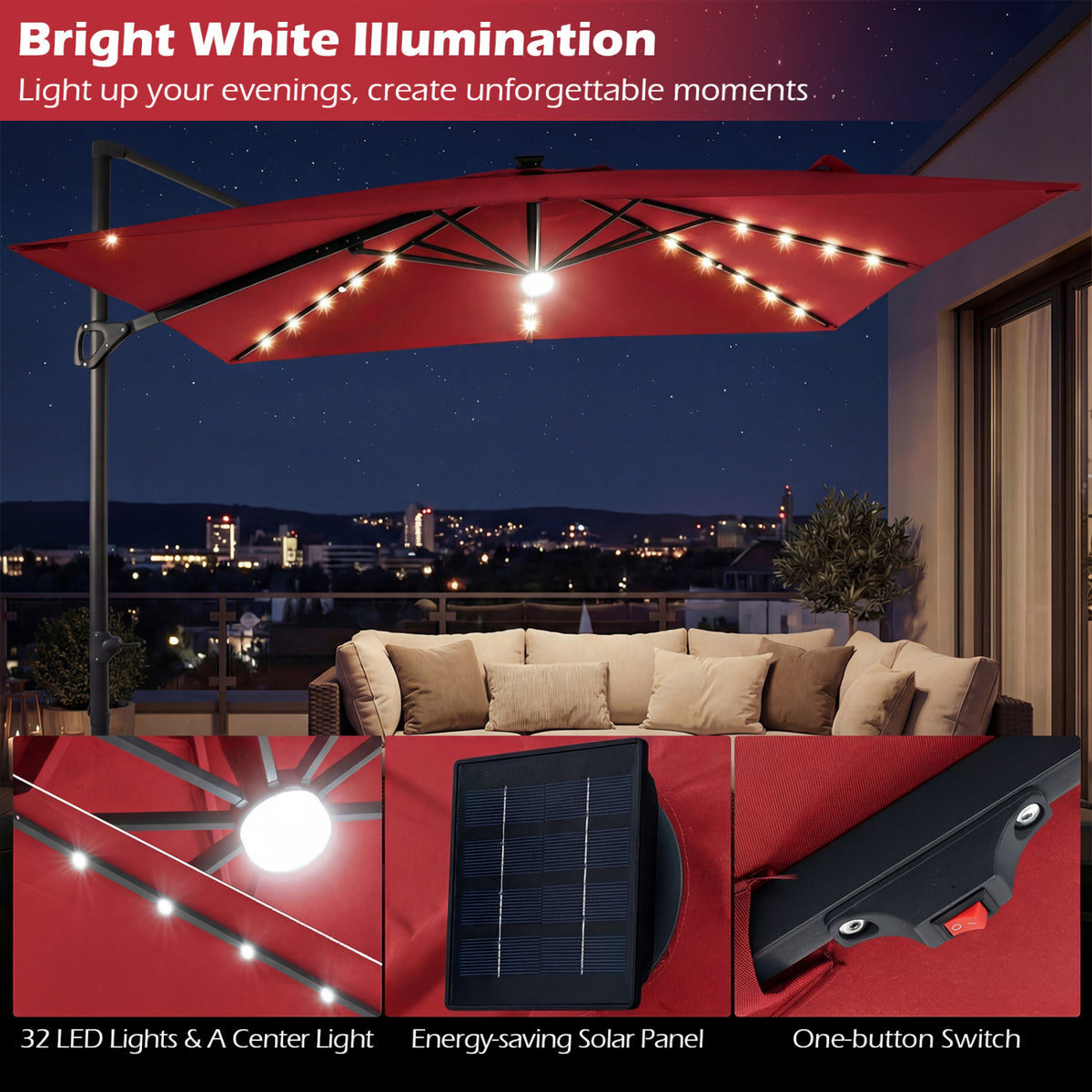10 FT Cantilever Patio Umbrella with 32 Solar LED Lights and 220 LBS Base-Red