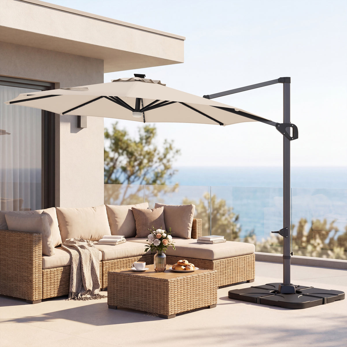 10 FT Cantilever Patio Umbrella with 35 Solar LED Lights and 220 LBS Base-Beige