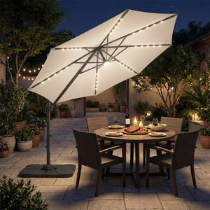 10 FT Cantilever Patio Umbrella with 35 Solar LED Lights and 220 LBS Base-Beige