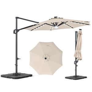 10 FT Cantilever Patio Umbrella with 35 Solar LED Lights and 220 LBS Base-Beige