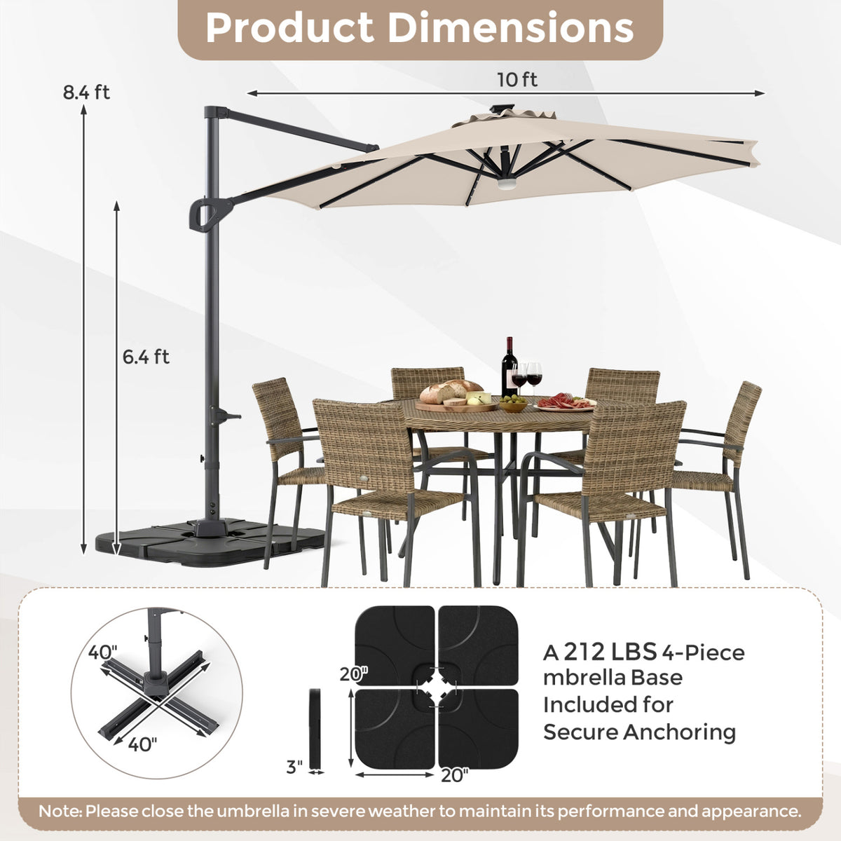 10 FT Cantilever Patio Umbrella with 35 Solar LED Lights and 220 LBS Base-Beige