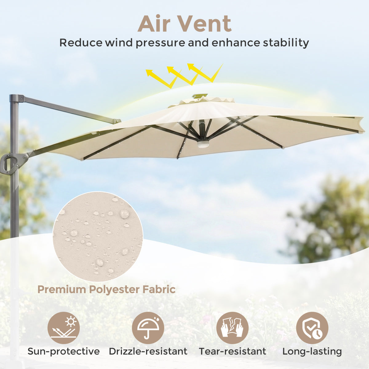 10 FT Cantilever Patio Umbrella with 35 Solar LED Lights and 220 LBS Base-Beige