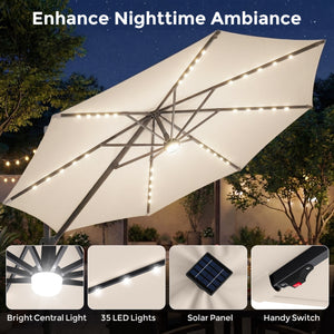 10 FT Cantilever Patio Umbrella with 35 Solar LED Lights and 220 LBS Base-Beige