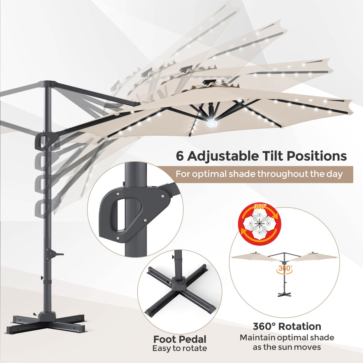 10 FT Cantilever Patio Umbrella with 35 Solar LED Lights and 220 LBS Base-Beige