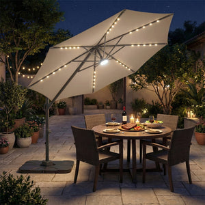 10 FT Cantilever Patio Umbrella with 35 Solar LED Lights and 220 LBS Base-Brown