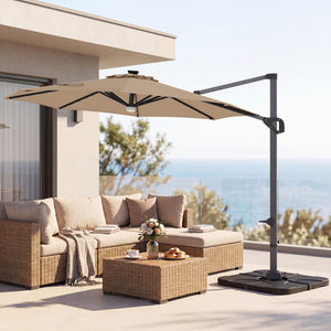 10 FT Cantilever Patio Umbrella with 35 Solar LED Lights and 220 LBS Base-Brown
