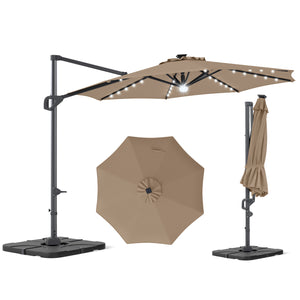 10 FT Cantilever Patio Umbrella with 35 Solar LED Lights and 220 LBS Base-Brown
