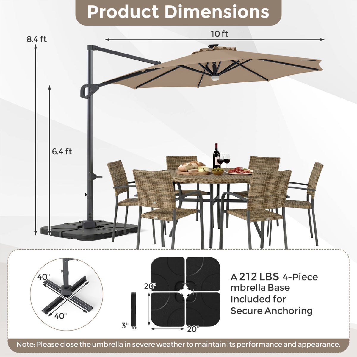 10 FT Cantilever Patio Umbrella with 35 Solar LED Lights and 220 LBS Base-Brown