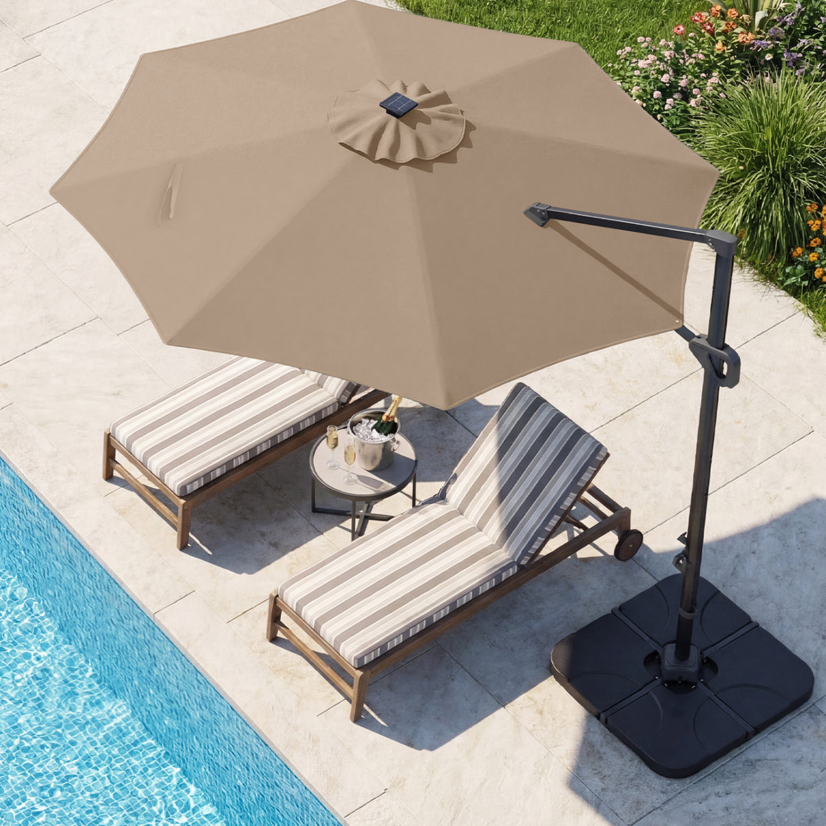 10 FT Cantilever Patio Umbrella with 35 Solar LED Lights and 220 LBS Base-Brown
