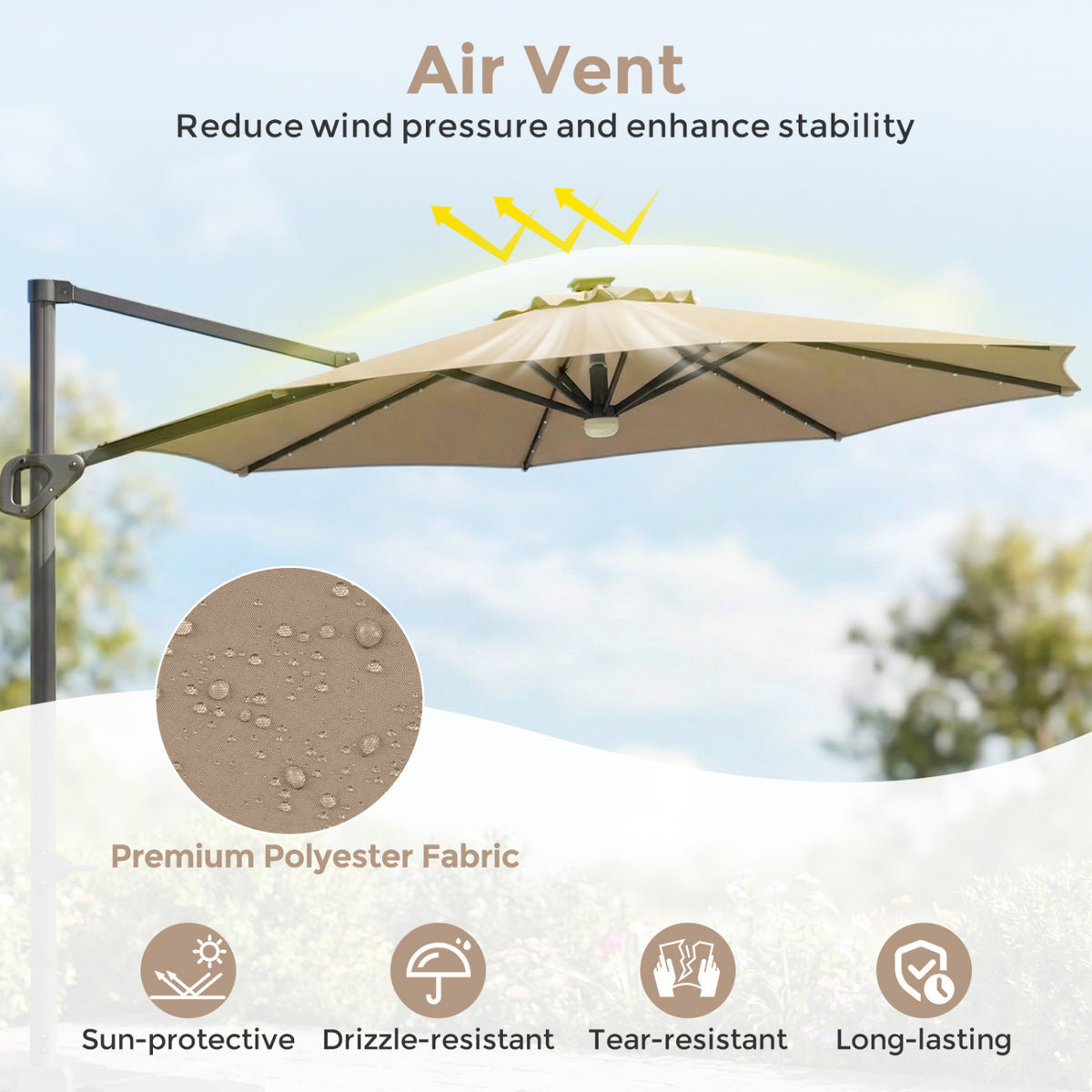 10 FT Cantilever Patio Umbrella with 35 Solar LED Lights and 220 LBS Base-Brown