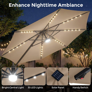 10 FT Cantilever Patio Umbrella with 35 Solar LED Lights and 220 LBS Base-Brown