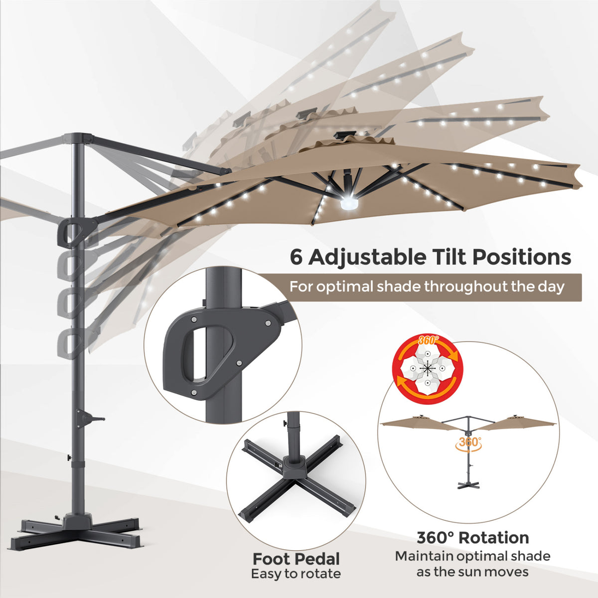 10 FT Cantilever Patio Umbrella with 35 Solar LED Lights and 220 LBS Base-Brown