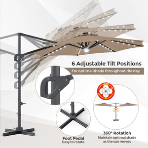 10 FT Cantilever Patio Umbrella with 35 Solar LED Lights and 220 LBS Base-Brown