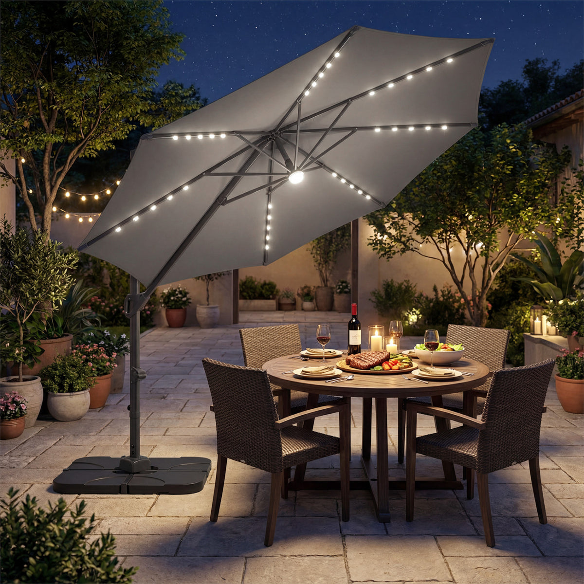 10 FT Cantilever Patio Umbrella with 35 Solar LED Lights and 220 LBS Base-Gray