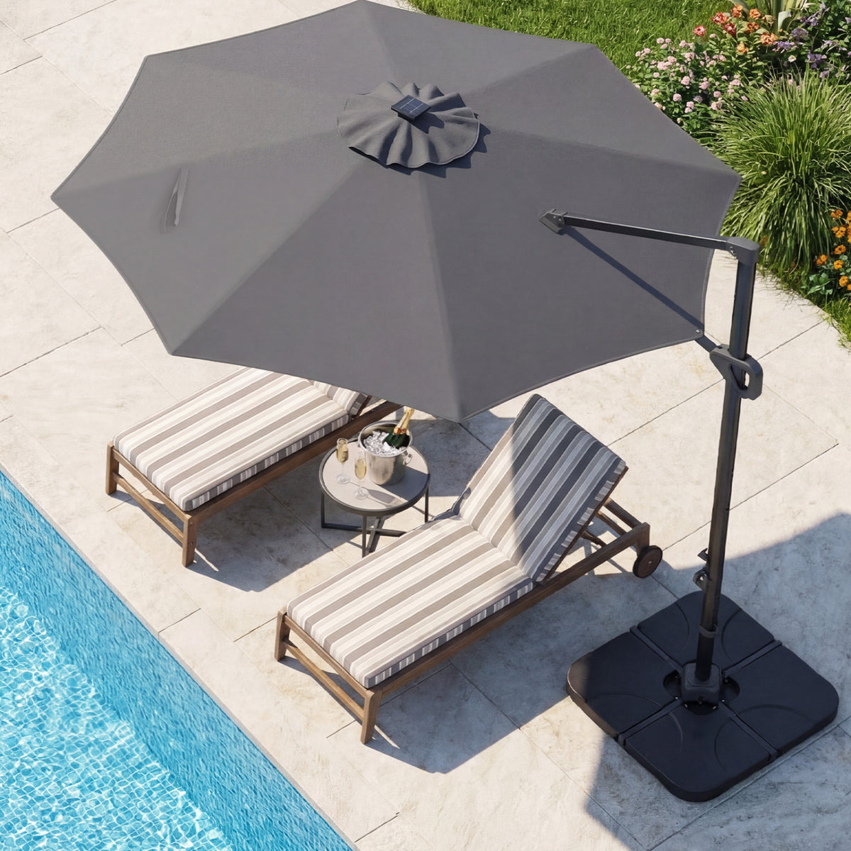 10 FT Cantilever Patio Umbrella with 35 Solar LED Lights and 220 LBS Base-Gray