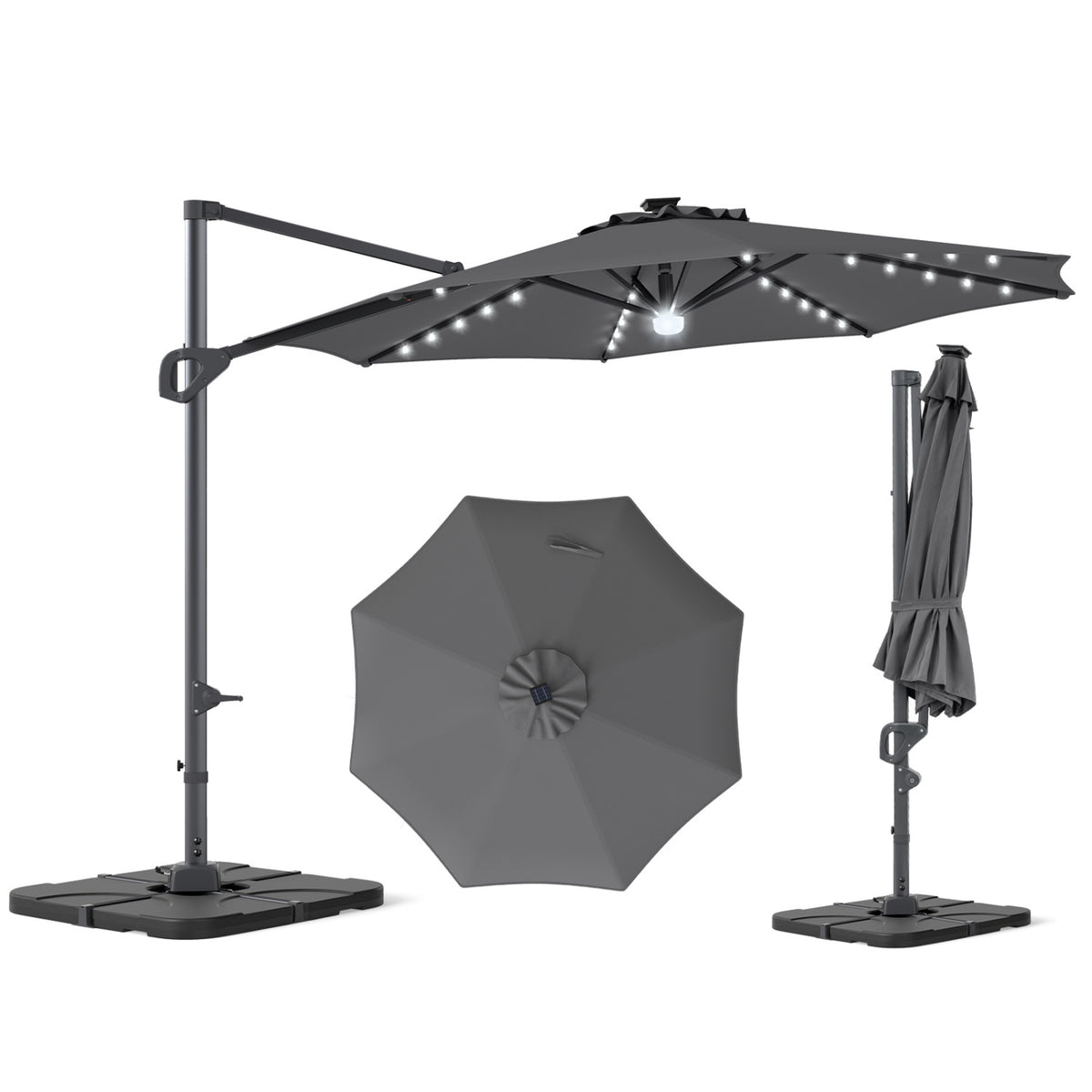 10 FT Cantilever Patio Umbrella with 35 Solar LED Lights and 220 LBS Base-Gray