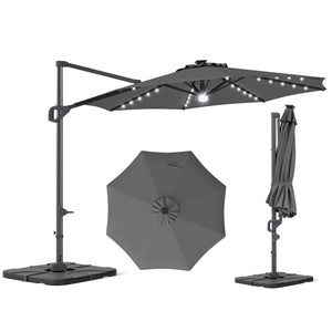 10 FT Cantilever Patio Umbrella with 35 Solar LED Lights and 220 LBS Base-Gray