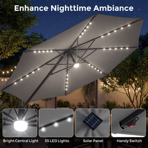10 FT Cantilever Patio Umbrella with 35 Solar LED Lights and 220 LBS Base-Gray
