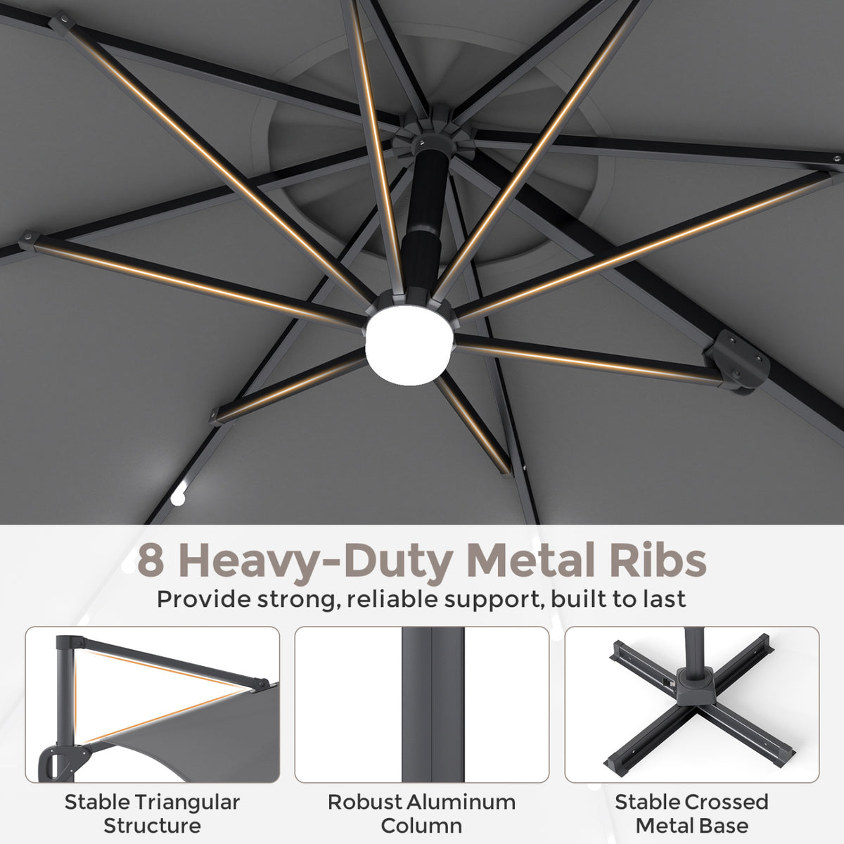 10 FT Cantilever Patio Umbrella with 35 Solar LED Lights and 220 LBS Base-Gray