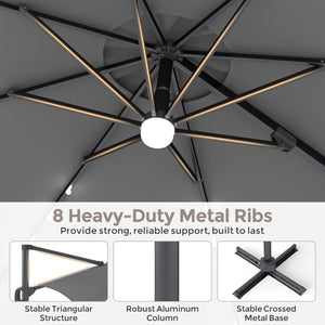 10 FT Cantilever Patio Umbrella with 35 Solar LED Lights and 220 LBS Base-Gray