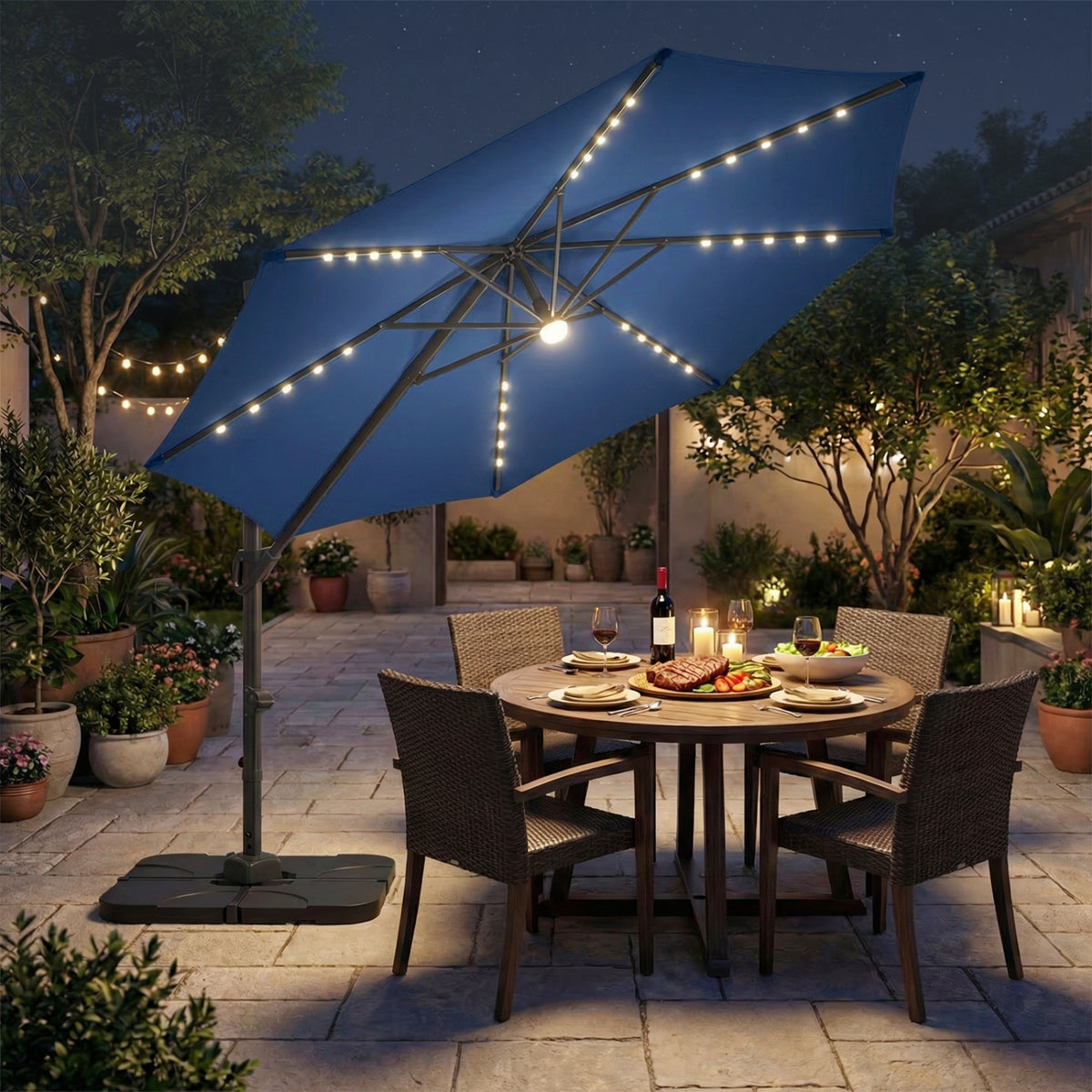 10 FT Cantilever Patio Umbrella with 35 Solar LED Lights and 220 LBS Base-Dark Blue