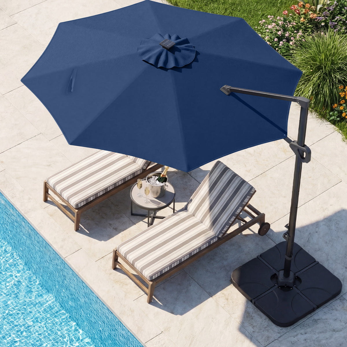 10 FT Cantilever Patio Umbrella with 35 Solar LED Lights and 220 LBS Base-Dark Blue