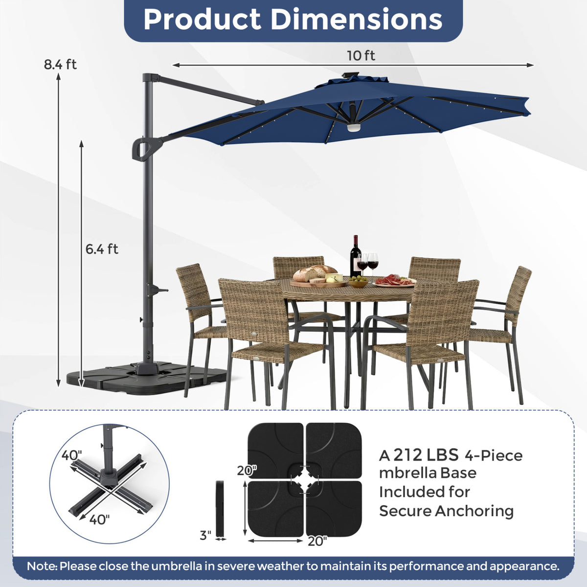 10 FT Cantilever Patio Umbrella with 35 Solar LED Lights and 220 LBS Base-Dark Blue