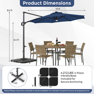 10 FT Cantilever Patio Umbrella with 35 Solar LED Lights and 220 LBS Base-Dark Blue