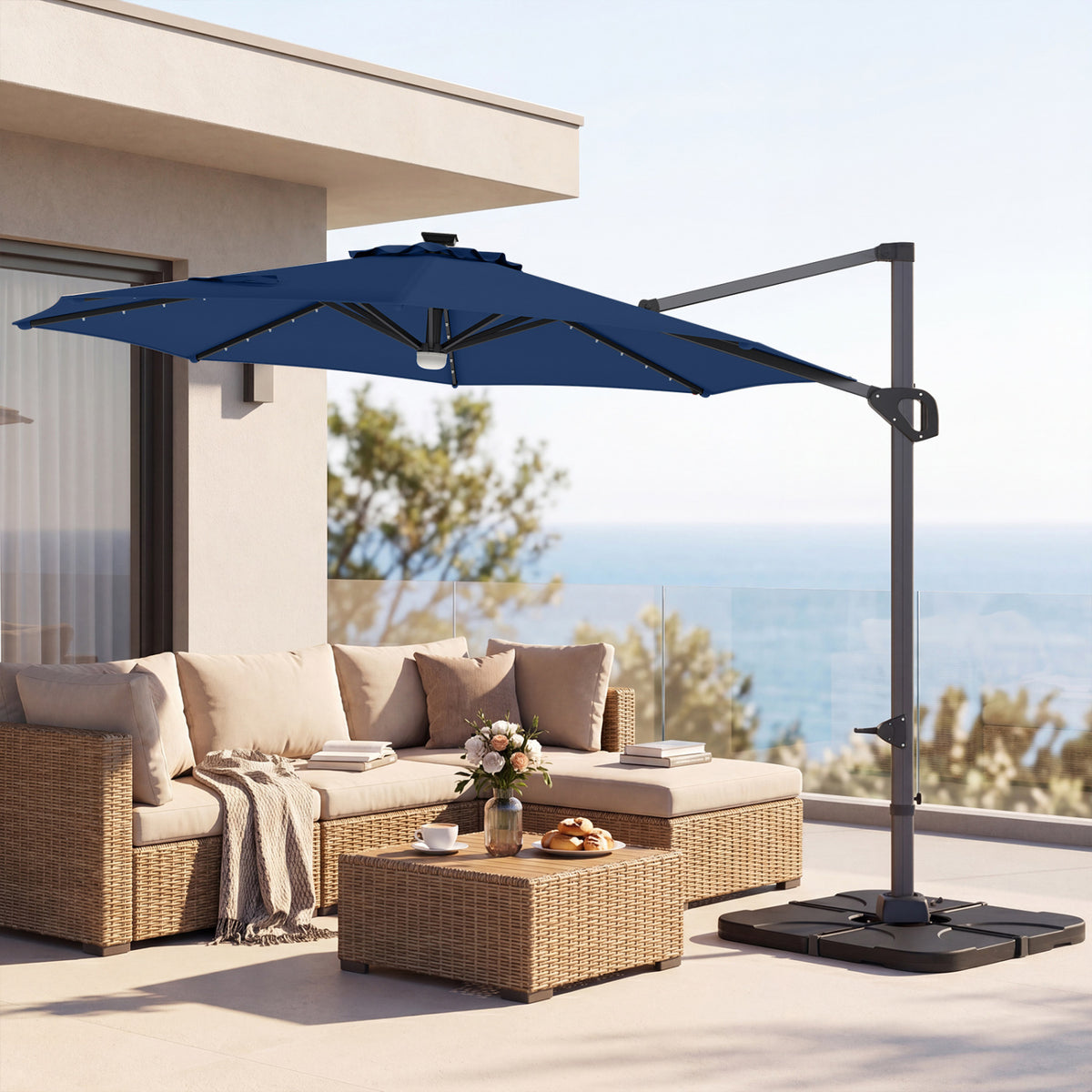 10 FT Cantilever Patio Umbrella with 35 Solar LED Lights and 220 LBS Base-Dark Blue