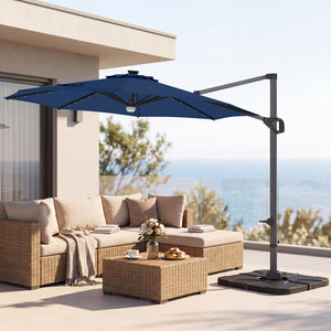 10 FT Cantilever Patio Umbrella with 35 Solar LED Lights and 220 LBS Base-Dark Blue