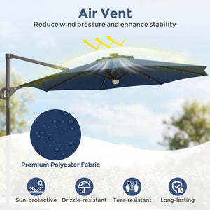 10 FT Cantilever Patio Umbrella with 35 Solar LED Lights and 220 LBS Base-Dark Blue