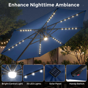 10 FT Cantilever Patio Umbrella with 35 Solar LED Lights and 220 LBS Base-Dark Blue