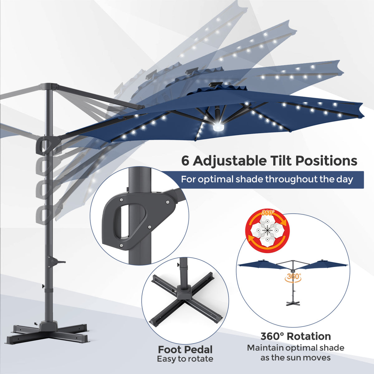 10 FT Cantilever Patio Umbrella with 35 Solar LED Lights and 220 LBS Base-Dark Blue