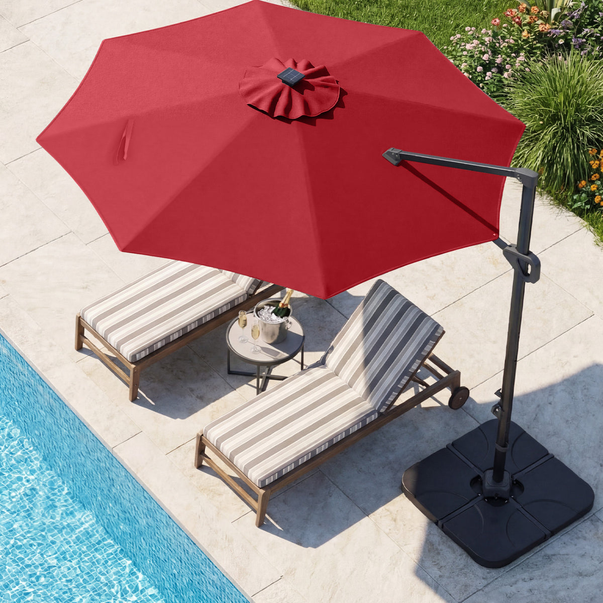 10 FT Cantilever Patio Umbrella with 35 Solar LED Lights and 220 LBS Base-Red