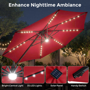 10 FT Cantilever Patio Umbrella with 35 Solar LED Lights and 220 LBS Base-Red