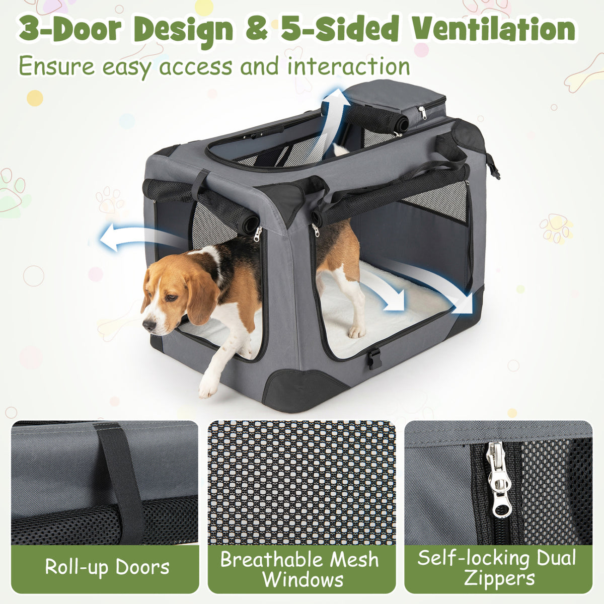 Collapsible Soft Dog Crate Travel Crate with Mesh Windows and 3 Doors-M