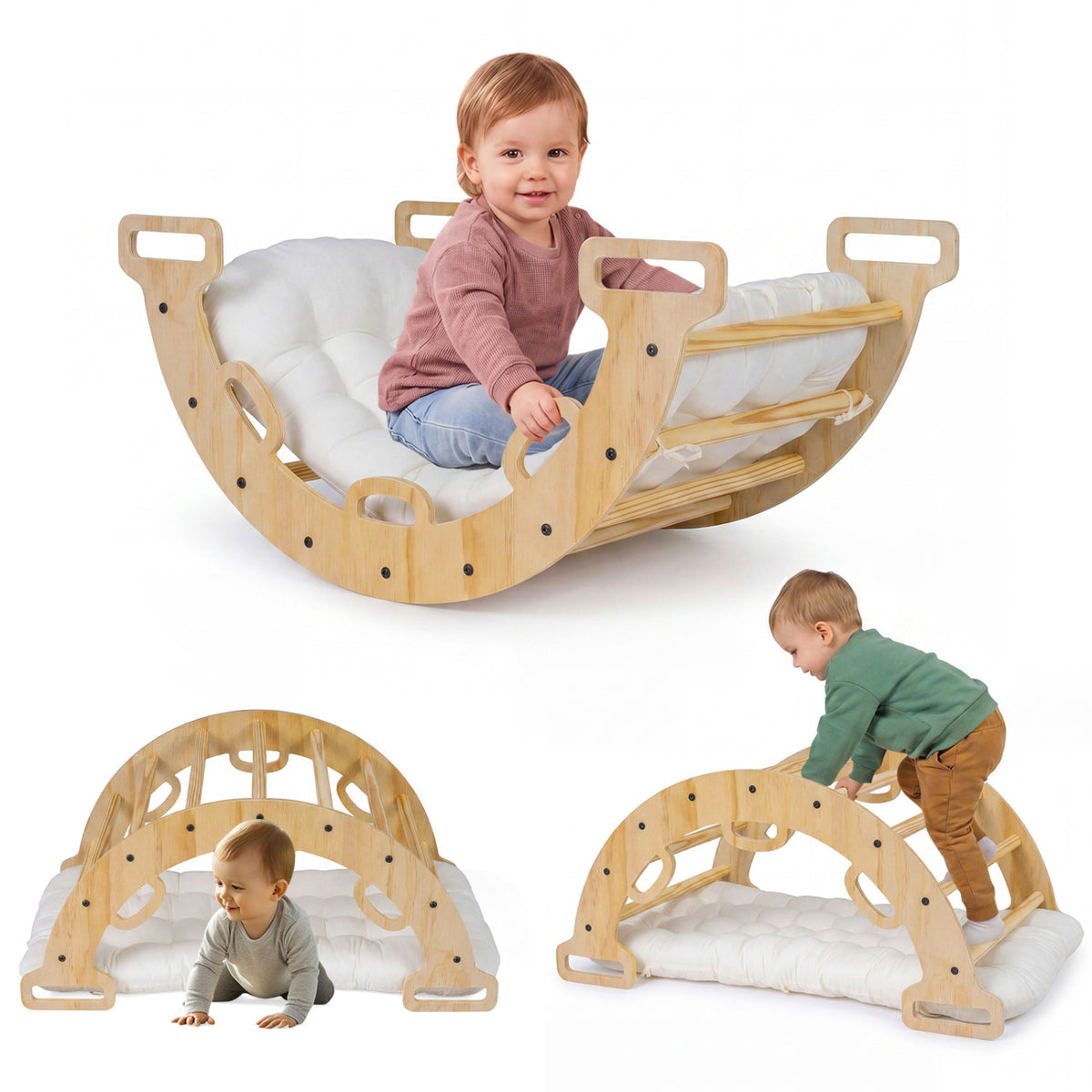 Wooden Rocking Climbing Arch with Cushion Montessori Kids Climber Rocker