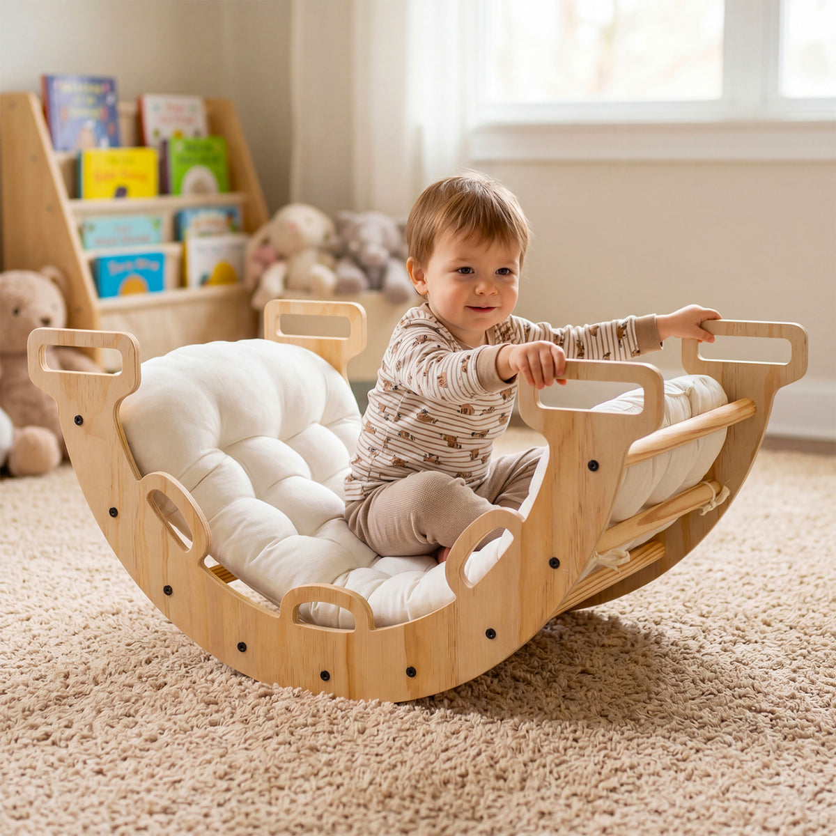 Wooden Rocking Climbing Arch with Cushion Montessori Kids Climber Rocker