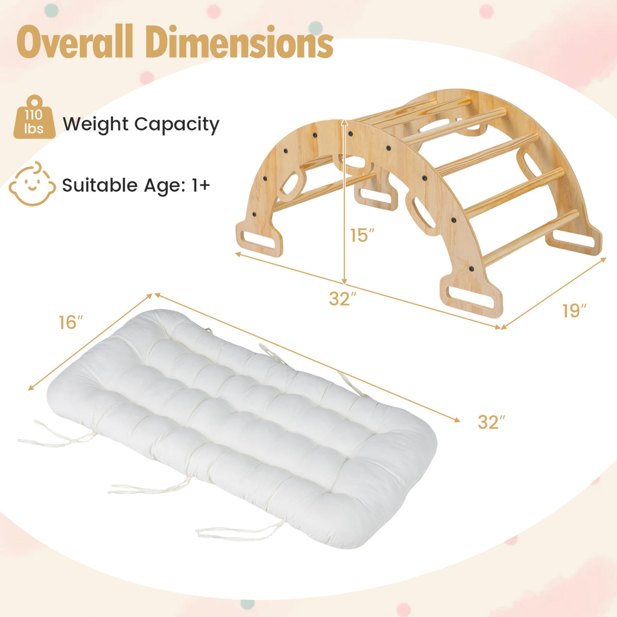 Wooden Rocking Climbing Arch with Cushion Montessori Kids Climber Rocker