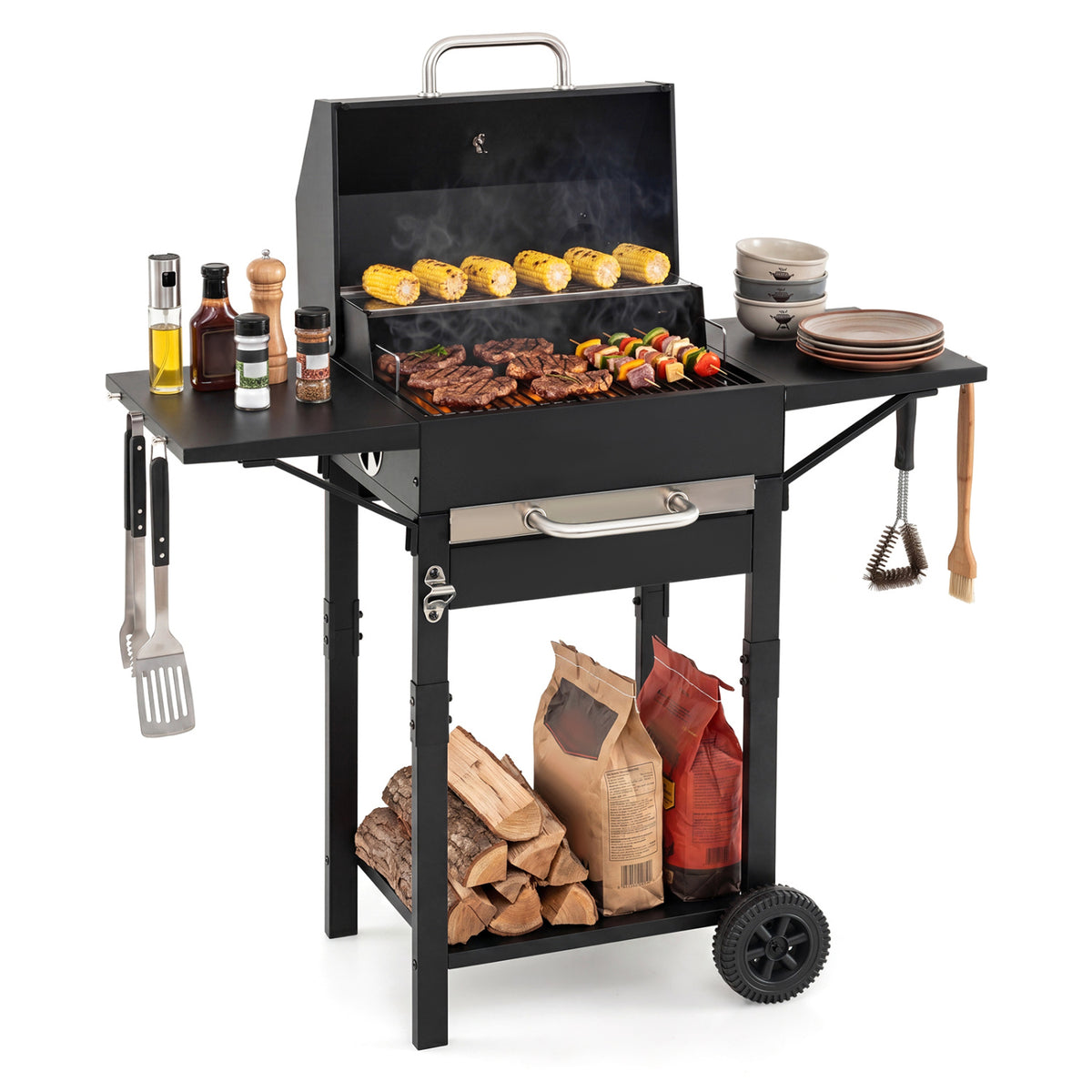 Charcoal Grill with 2 Side Tables & Adjustable Chimney 284 sq.in