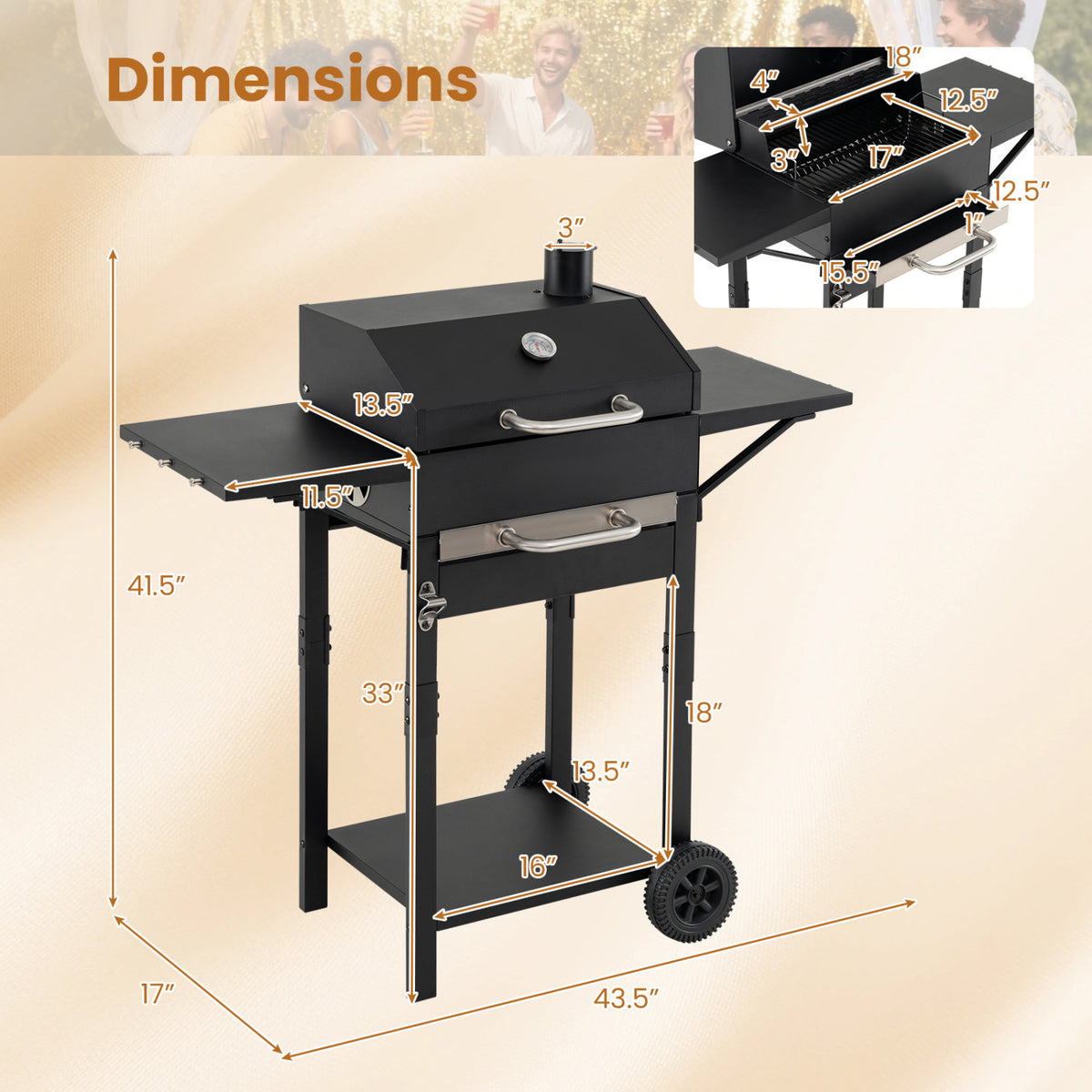 Charcoal Grill with 2 Side Tables & Adjustable Chimney 284 sq.in