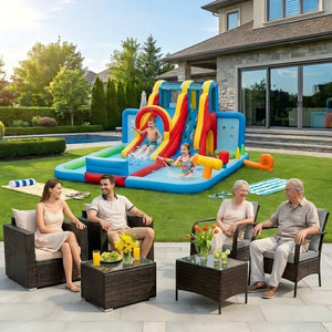 Ultimate Backyard Summer Oasis Set: 6-Pc Patio Rattan Furniture  Inflatable Water Slide Park with 680W Blower