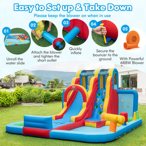 Ultimate Backyard Summer Oasis Set: 6-Pc Patio Rattan Furniture  Inflatable Water Slide Park with 680W Blower